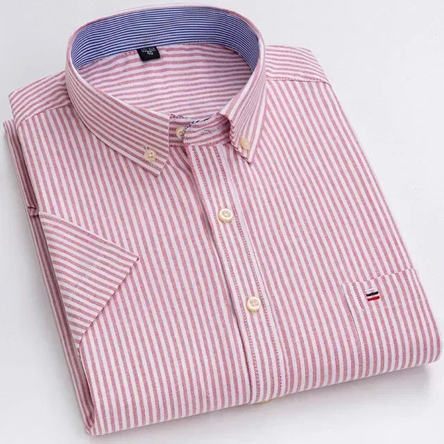 2025 100% Pure Cotton Men's Oxford Short Sleeve Square Collar Soild Plaid Striped Summer Casual Shirts Single Pocket  Shirt