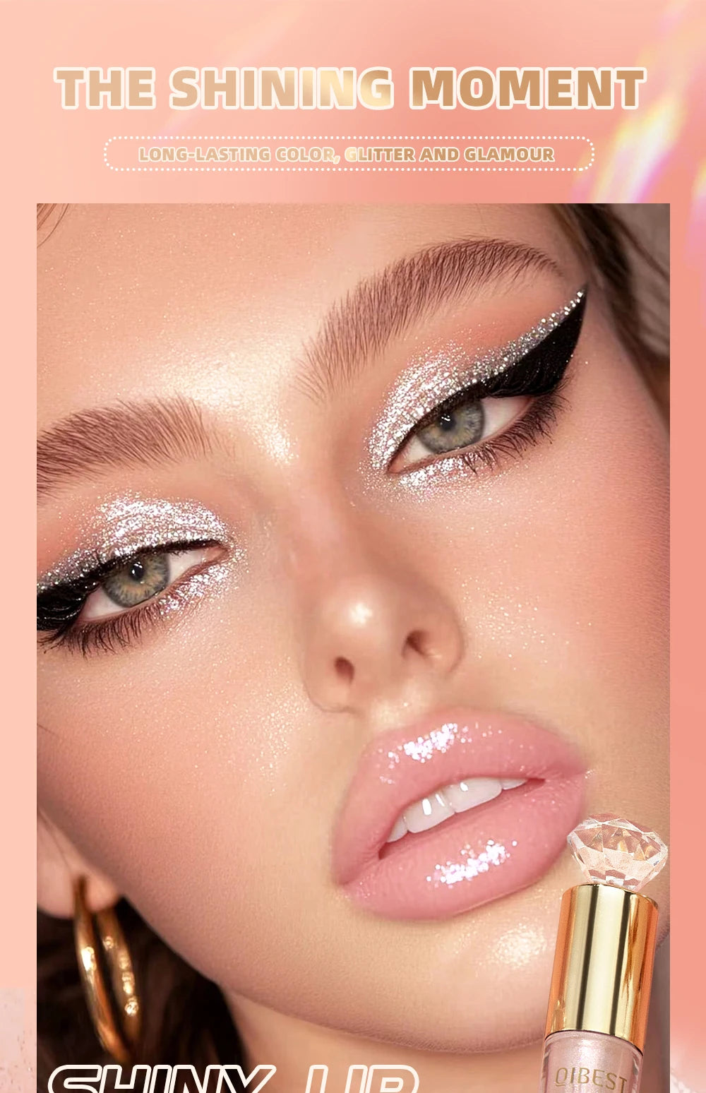 QIBEST Diamond Glitter Lipgloss Hydrating Lasting Pearlescent Metallic Liquid Lipstick Moisturizing Shiny Lip Glaze Cosmetics
