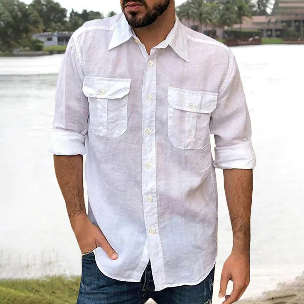 Cotton Linen Men's Shirt Long Sleeve Solid Color Casual Tops Lapel Double Pocket Design Classic Shirt Trendy Male Clothing