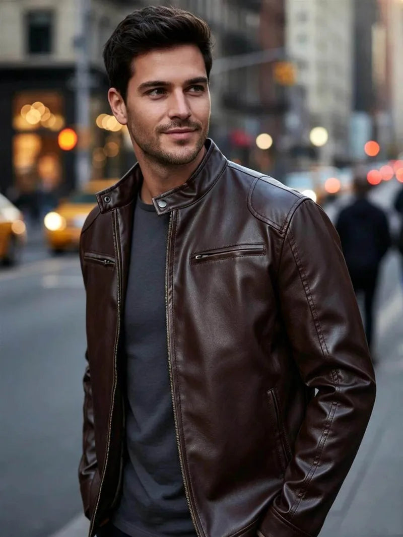 Men's PU leather jacket stand-up collar slim-fit vintage-style biker jacket spring/fall top