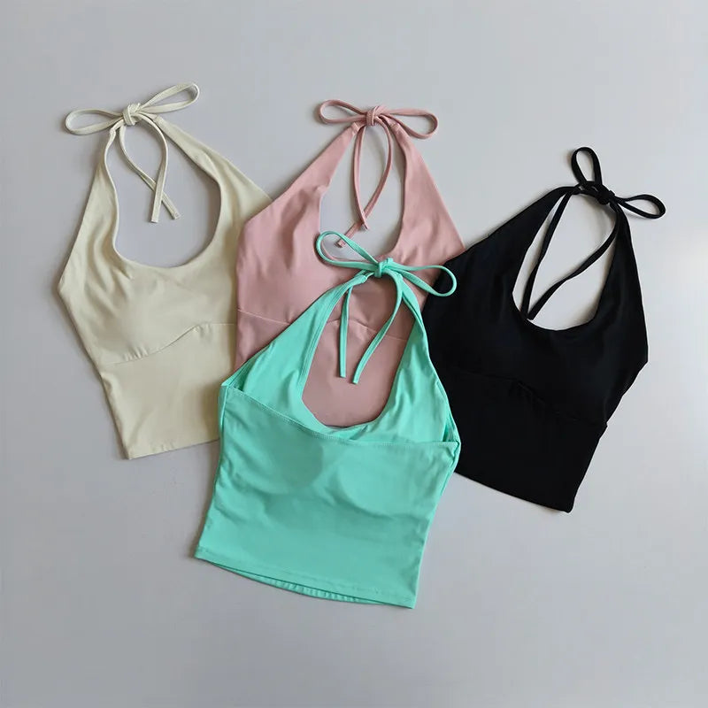 Women's Slimming Halter Neck Tube Top Yoga Vest One Cup Back Sling Fixed Gather Gym Outerwear for Summer Sexy Fitness Bras