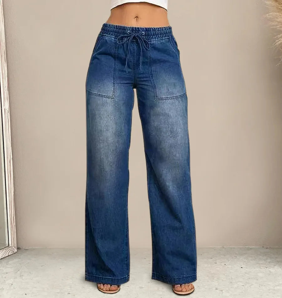 Chic High Waist Drawstring Denim Pants Women's Straight Wide Leg Jeans Fashion Trousers