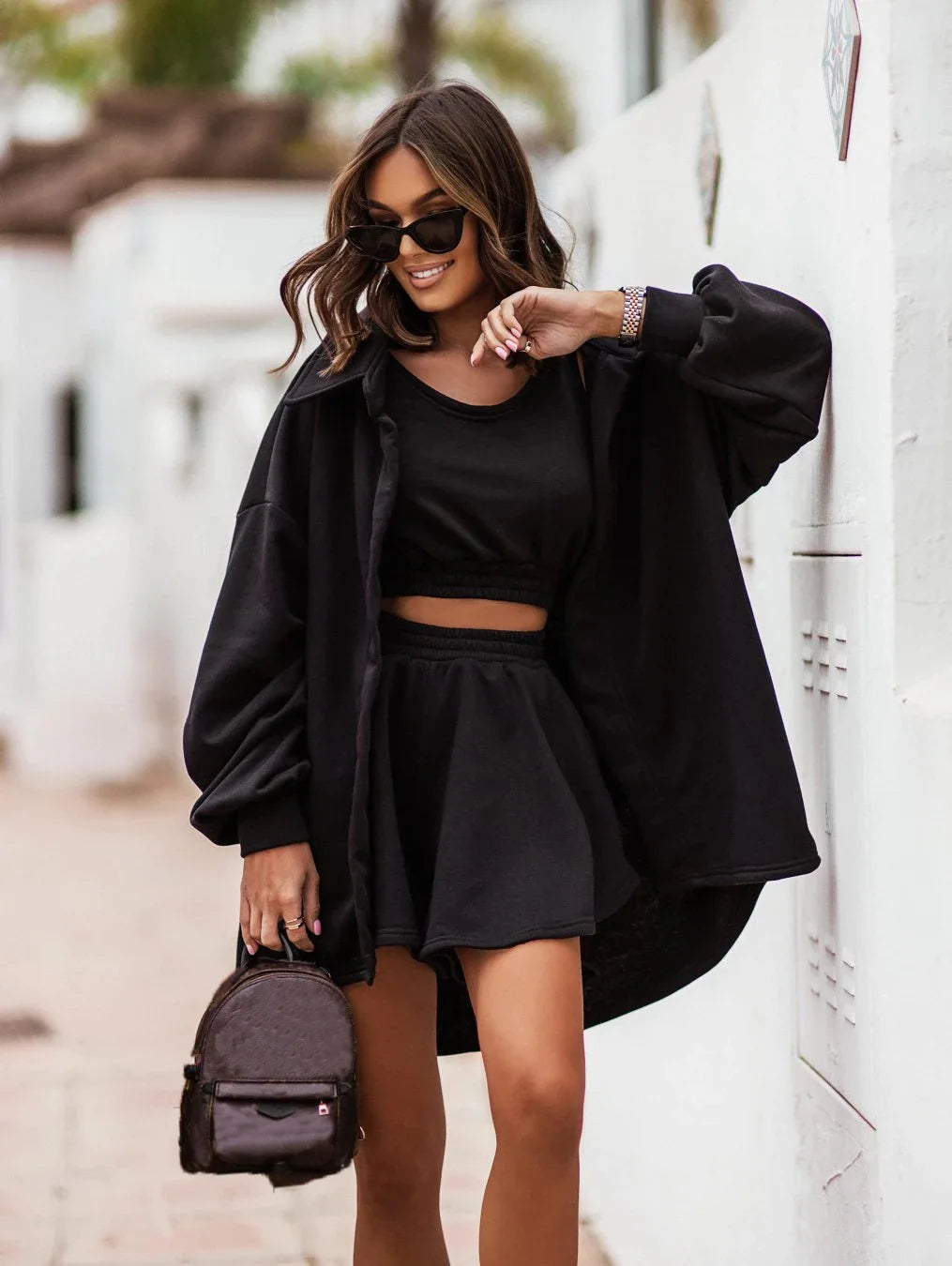 Women Fashion 3-piece Set Long Sleeve Lapel Coat O-Neck Short Tank Top Wide Leg Shorts High Street Sports Outfits Available 5XL