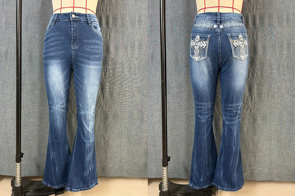 Denim Pant Women Bootcut Jeans Embroidery Vintage Washed Mid Waist Straight Trousers Slim Fit Y2k Streetwear Work Casual Summer