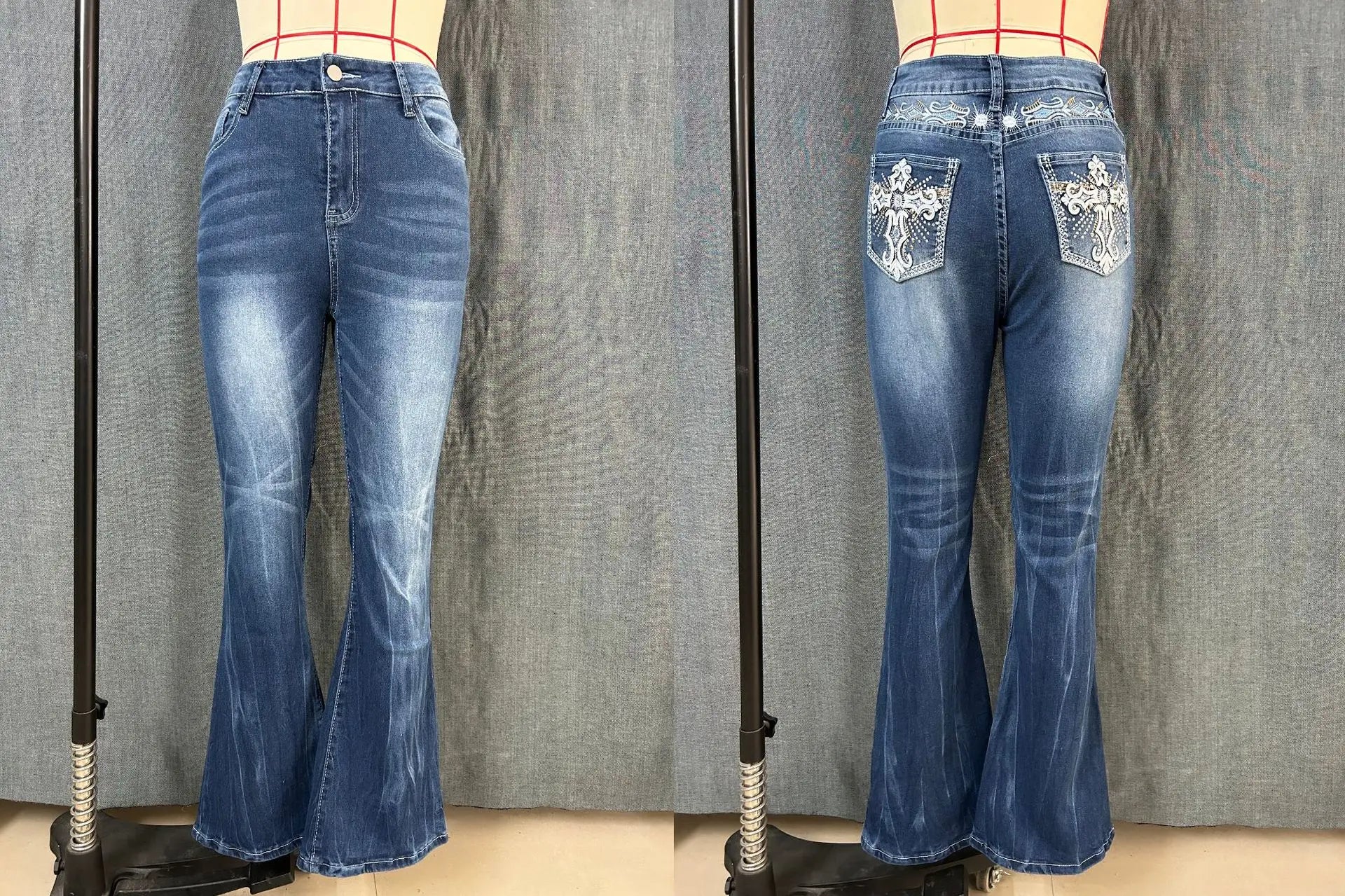 Denim Pant Women Bootcut Jeans Embroidery Vintage Washed Mid Waist Straight Trousers Slim Fit Y2k Streetwear Work Casual Summer