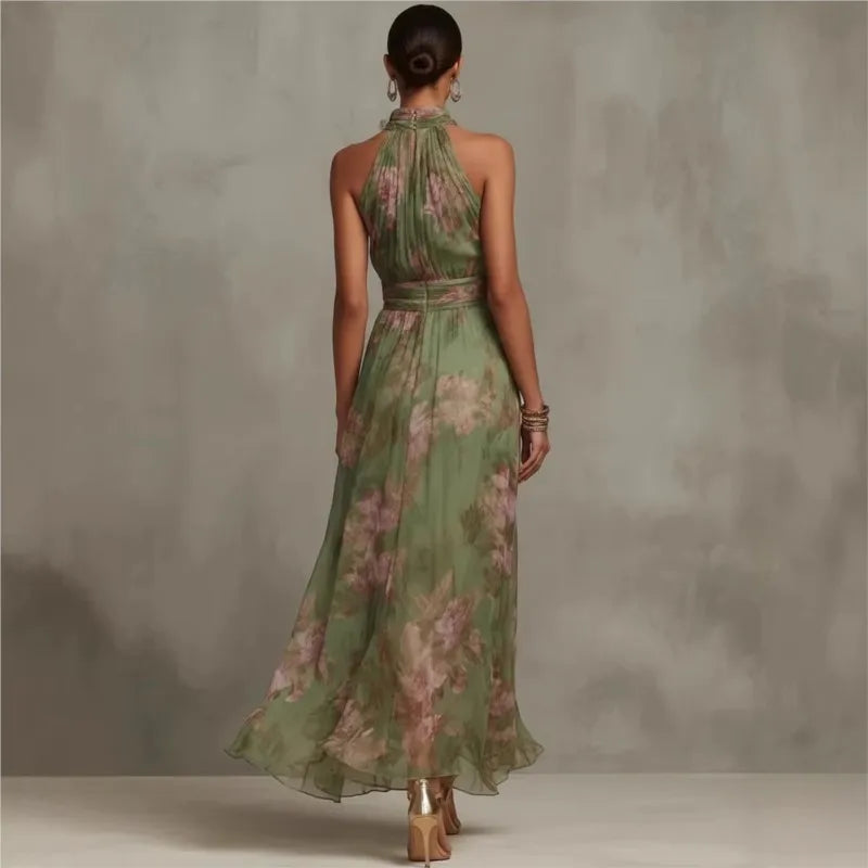 new Flower Print Women's Sleeveless Halter Maxi Dress Summer Fashion High Neck Ruched Waist Elegant Chic Holiday Party Dress