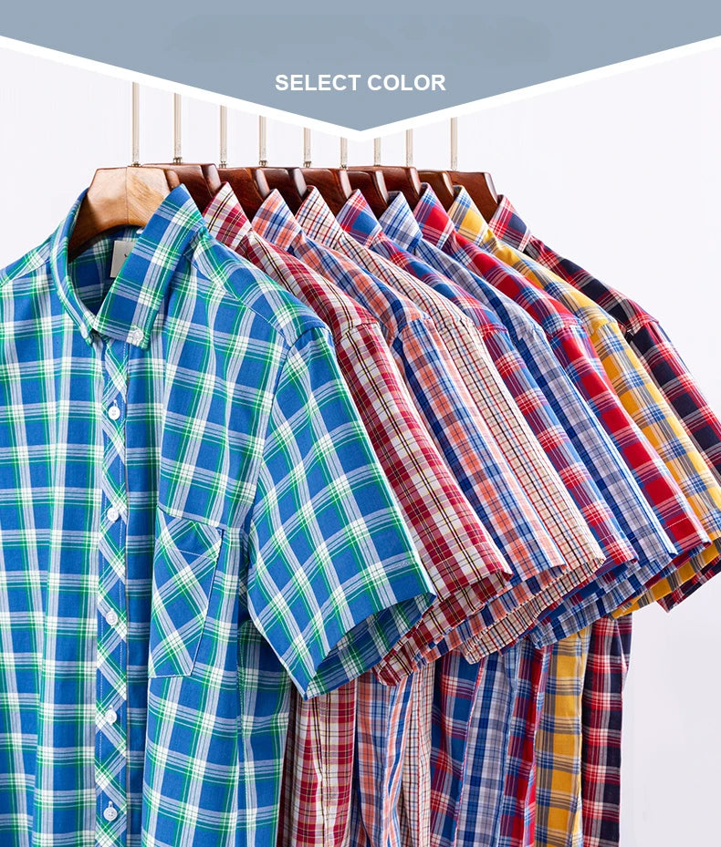 Fashion Korean Plus Size 8XL 100%Cotton Short Sleeve Shirts for Men Slim Fit Formal Plain Shirt Plaid Hawaiian Shirt Casual Top