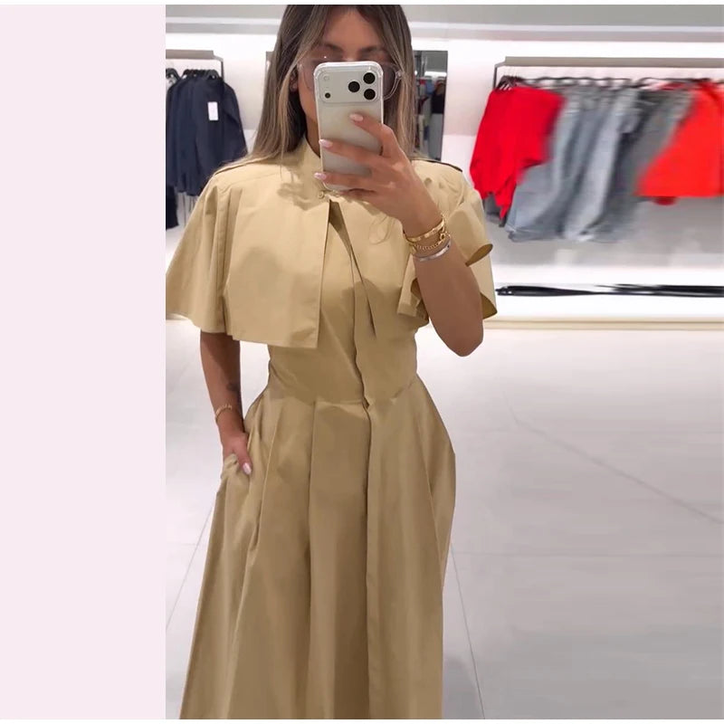 Women's Trench Style Midi Dress Stand Collar Cape Overlay Short Sleeve Belted Waist A‑Line Dresses Autumn Elegant Office Outfits