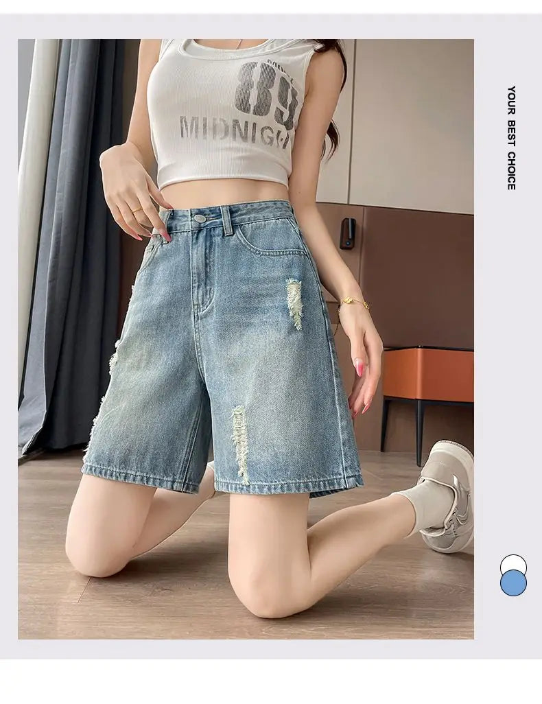2026 Summer New Women Vintage Washed Ripped Denim Bermuda Shorts Loose Straight Five Points Casual Street Jeans