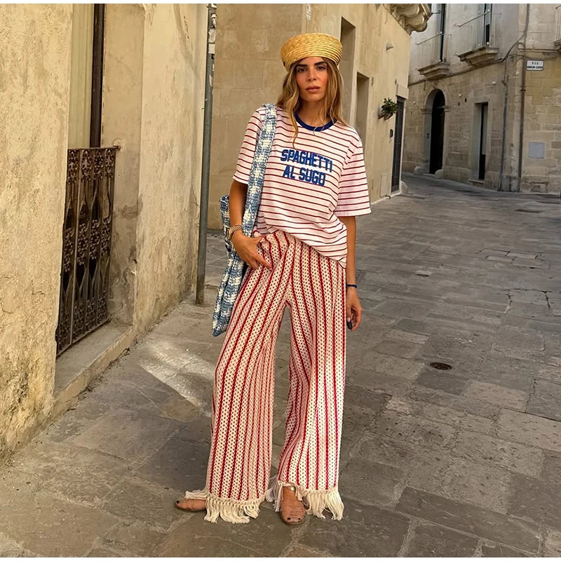 Halter Vertical Striped Fringe Two Piece Set Sleeveless Tank Top Loose Wide Leg Pants Women 2026 Summer Holiday Beach Chic Suit