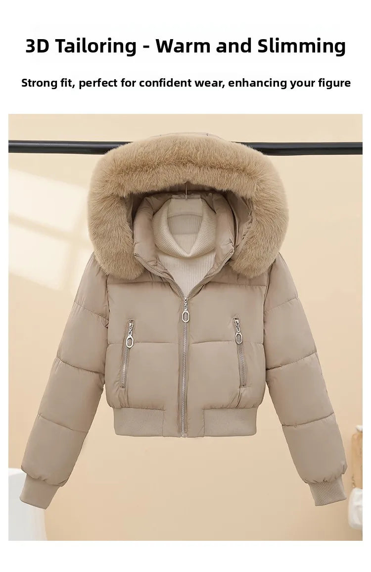Korean Style Short down Cotton Jacket Women's Thickened Large Fur Collar Hooded Coat Slim Fit Commute Element  Color