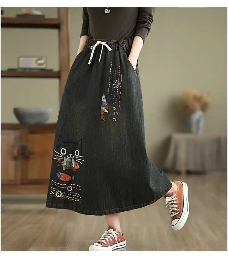 2026 Women's Denim Skirts Retro Cartoon Animal Embroidery Casual Half Skirts Spring Summer High Waist Fashion Loose Midi Skirts