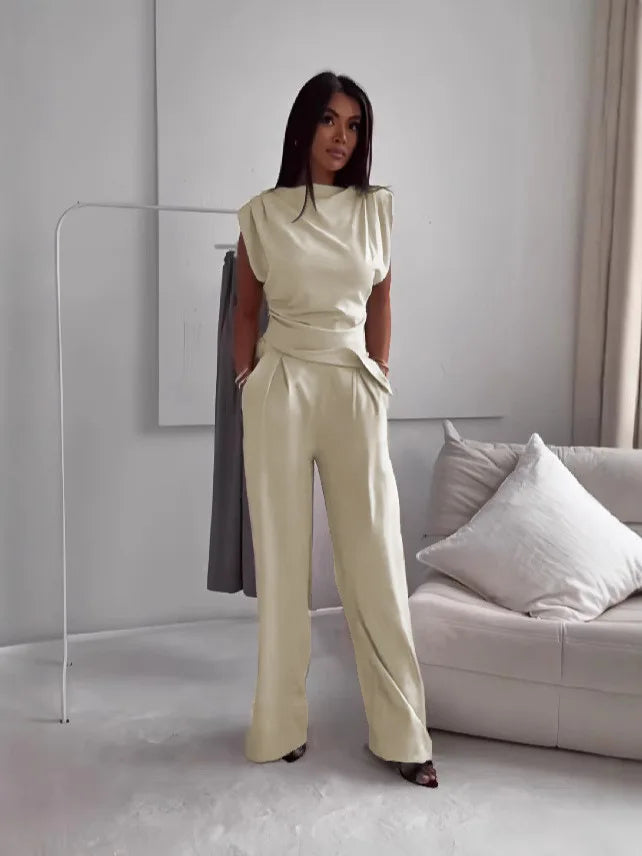 Women's Sleeveless High Waist Wide Leg Pants Set Elegant Solid Color Casual Two Piece Outfit for Summer Office Wear Fashion