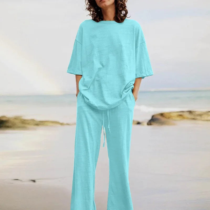 Fashion Women's 2-piece Set 2024 Summer Casual Pocket Set Half Sleeve O-Neck Top and Wide Leg Large Outline Pants Set