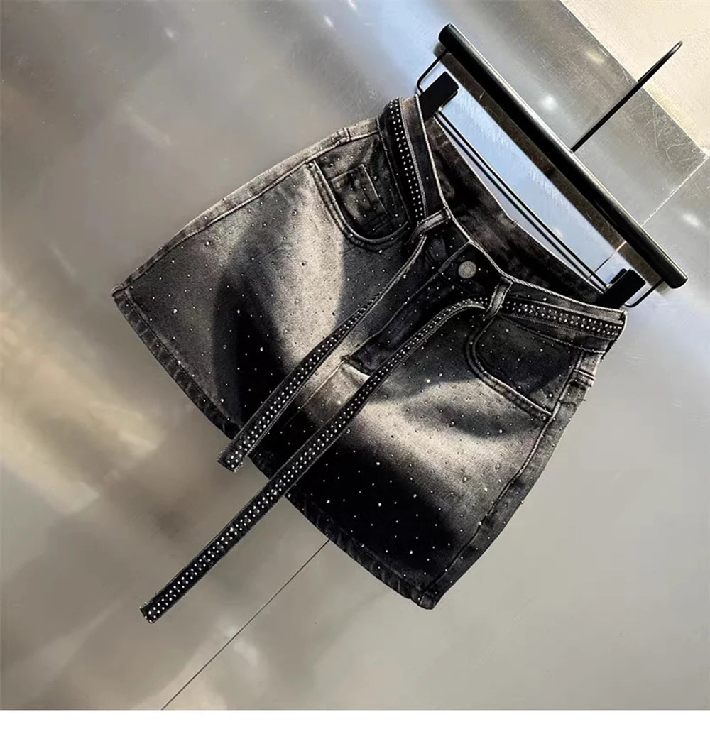 Oversize Retro Diamond Denim Mini Skirt for Women Summer High Waist Shiny Rivet Slim Skirts Gradient Black Grey Jean Skirts