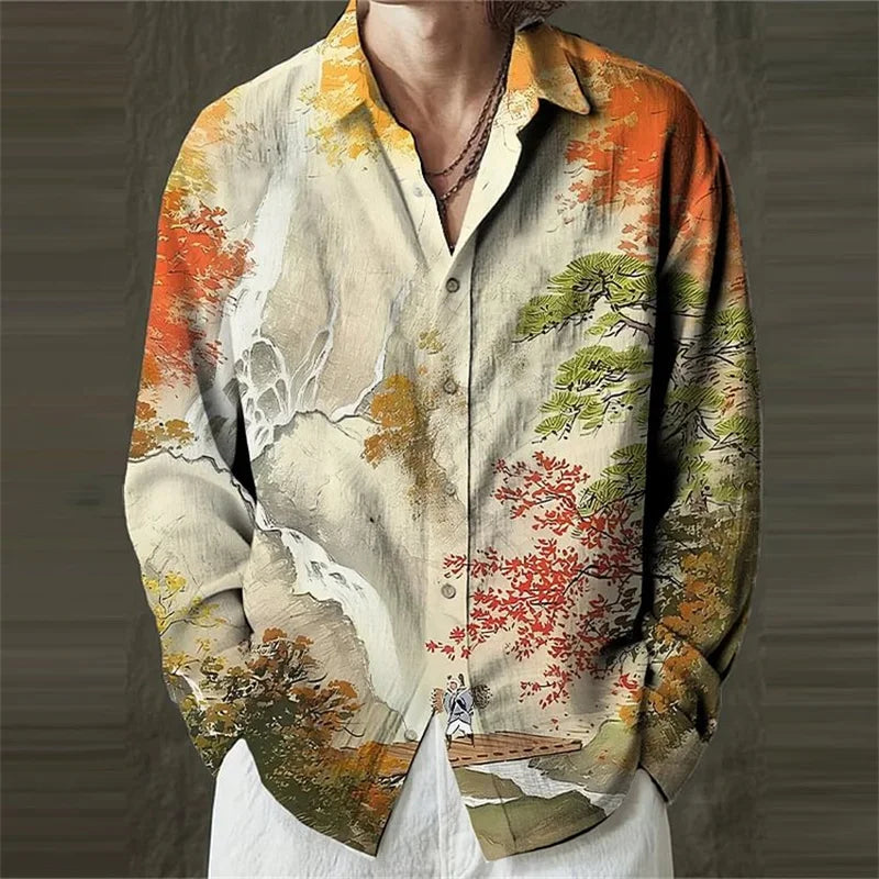 New Men's Linen Long Sleeve Shirt Flower 3D Flower Print Yellow Long Sleeve Lapel Clothing Fashion Designer Casual