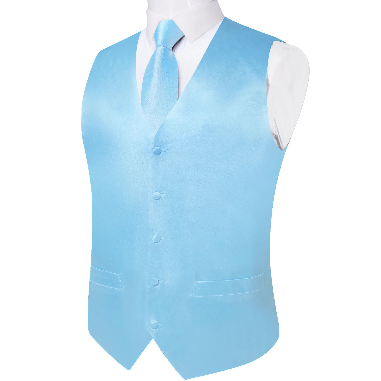 Satin Men's Solid Blue Suit Vest with Tie Handkerchief Cufflinks Business Formal Waistcoat Wedding Prom Men Sleeveless Jacket