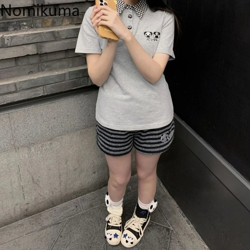 Japanese Shorts for Women Panda Embroidery Casual Pants Casual Fashion Striped Cute Summer Shorts Pantalones Cortos De Mujer