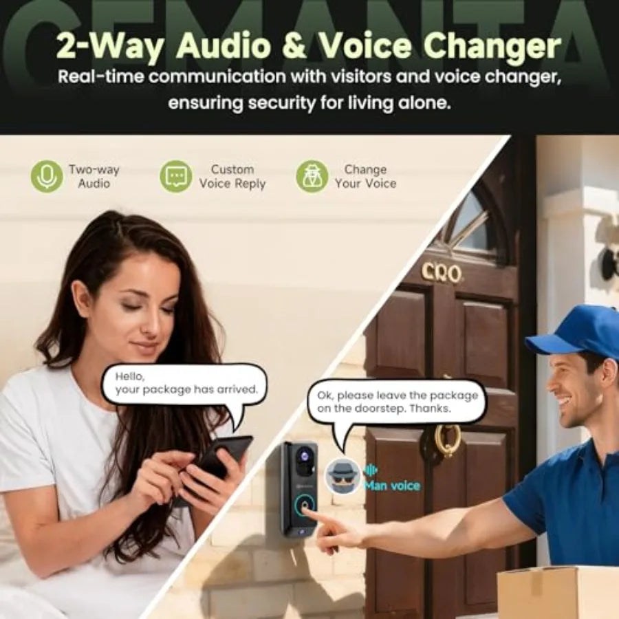 Wireless 2K video doorbell camera for home security: aluminum body, matte black, dual-cam with 190 view, WiFi6, night vision, 2