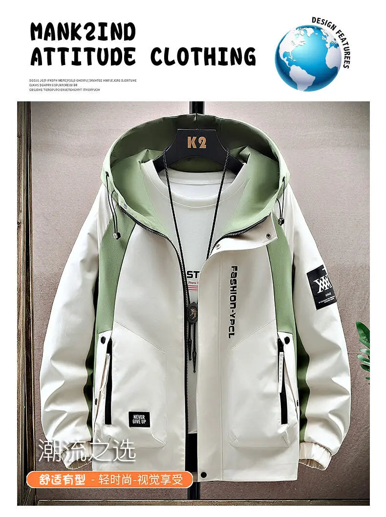 Men's High Streetwear Fashion Hooded Jackets 2026 Spring Autumn Loose Casual Coats Youth Outdoor Sports Windbreaker Top Clothing