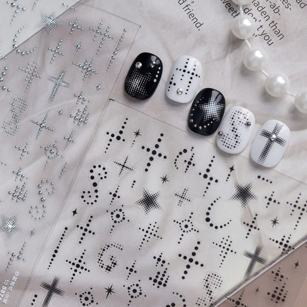 1Pcs Fashion Black White Silver Polka Dot Matrix Diffusion Pentagram Star Starburst Cross-shaped Adhesive DIY Nail Art Stickers