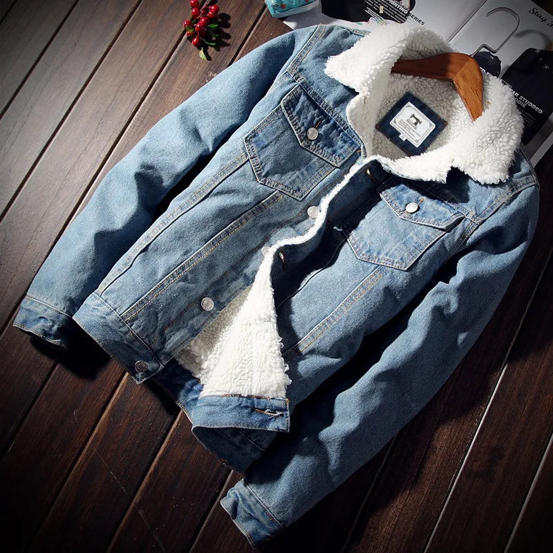 Autumn Winter Fleece Denim Jacket Men's Slim Thick Sherpa Casual Outerwear
