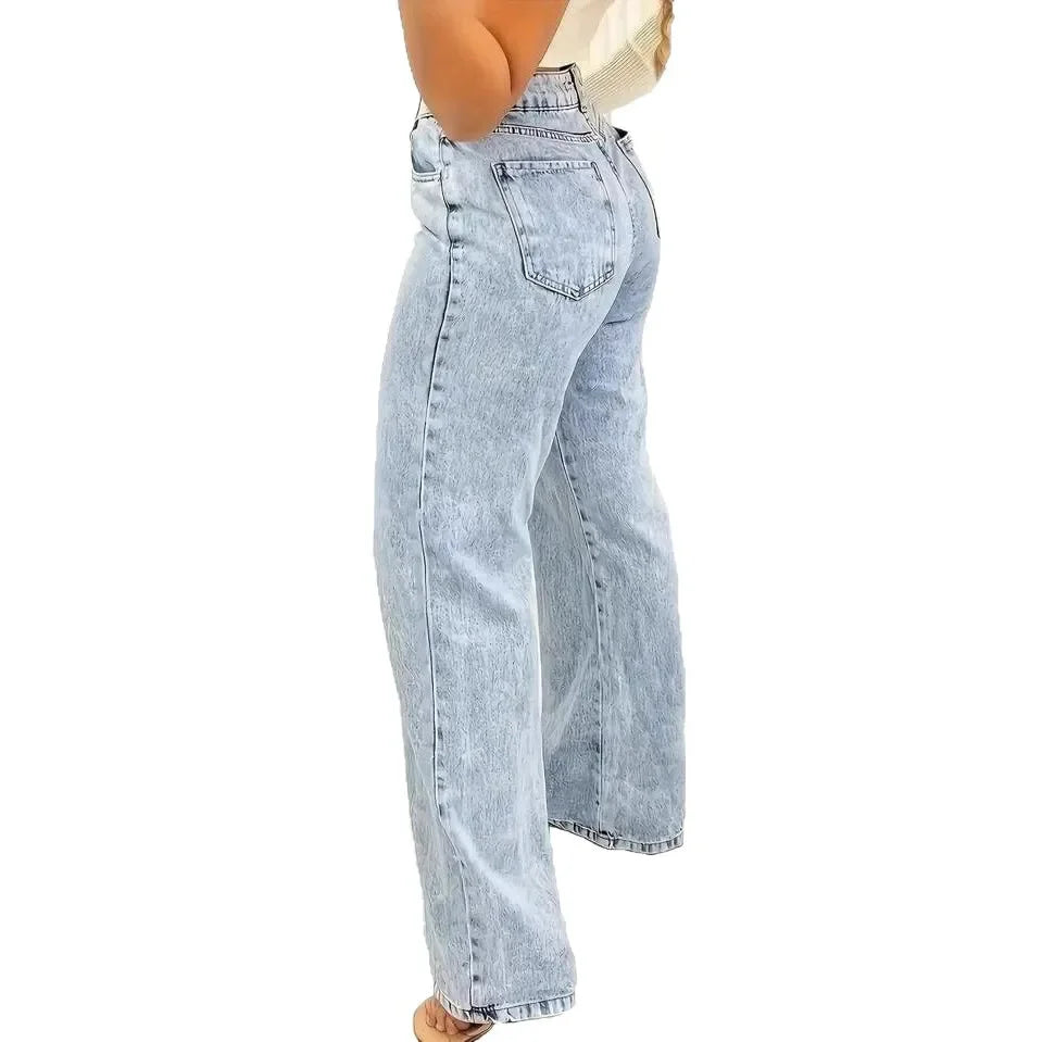 Straight Pants Jeans Women Denims Trousers Washed Distressed 2025 Streetwear Pockets High Waist Vintage Female Floor Length