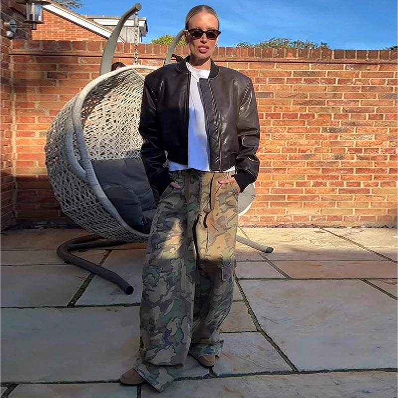Camo Print Drawstring Waist Women Pants Wide Leg Loose Cut Drawstring Hem Relaxed Fit Casual Trouser Streetwear 2026 New Fashion
