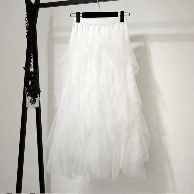 Tutu Tulle Long Maxi Skirt Women Fashion Korean Cute Pink High Waist Pleated Skirt Mesh Female Lady Aesthetic Faldas