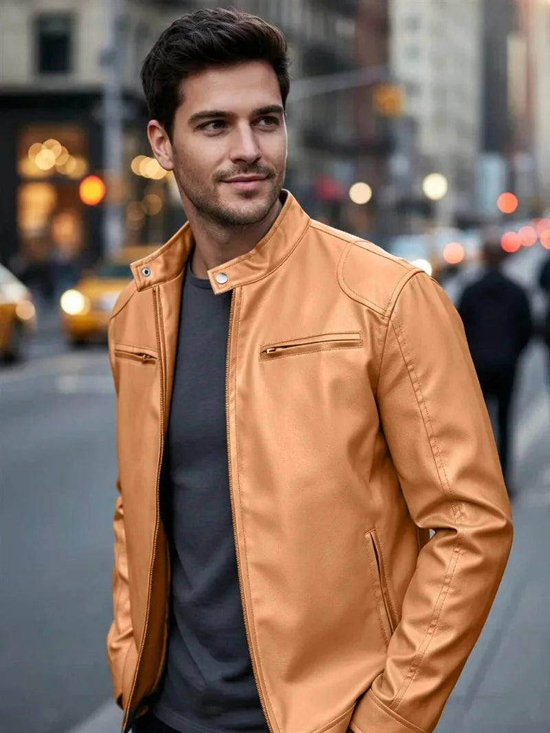 Men's PU leather jacket stand-up collar slim-fit vintage-style biker jacket spring/fall top