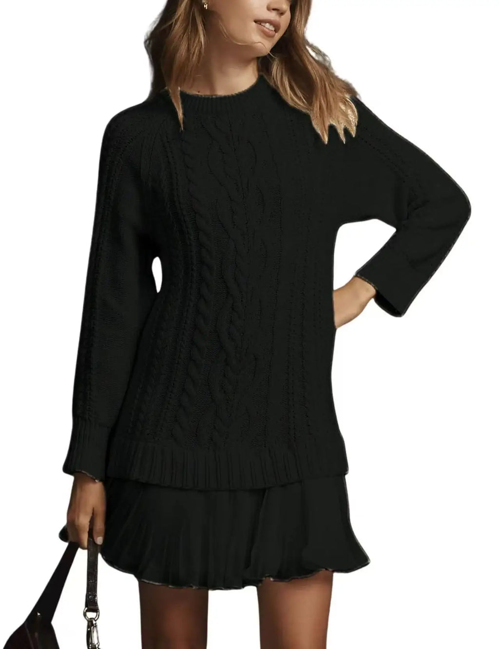 2025 Winter Long Sleeve Twist Knitted Sweater Dress Woman Ruffle Chiffon Pleated Dresses Fall Solid Warm A-Line Pullover Dress