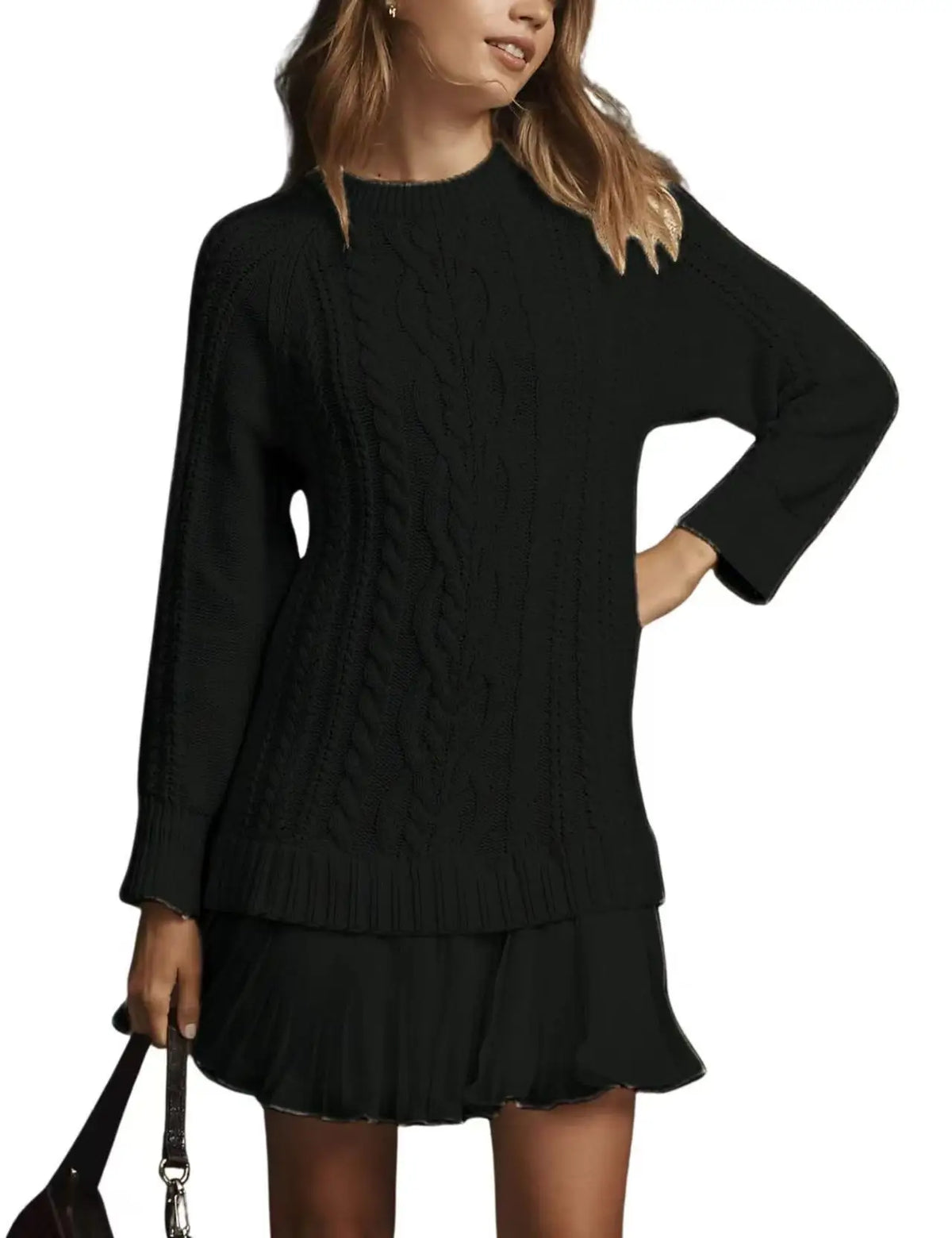 2025 Winter Long Sleeve Twist Knitted Sweater Dress Woman Ruffle Chiffon Pleated Dresses Fall Solid Warm A-Line Pullover Dress
