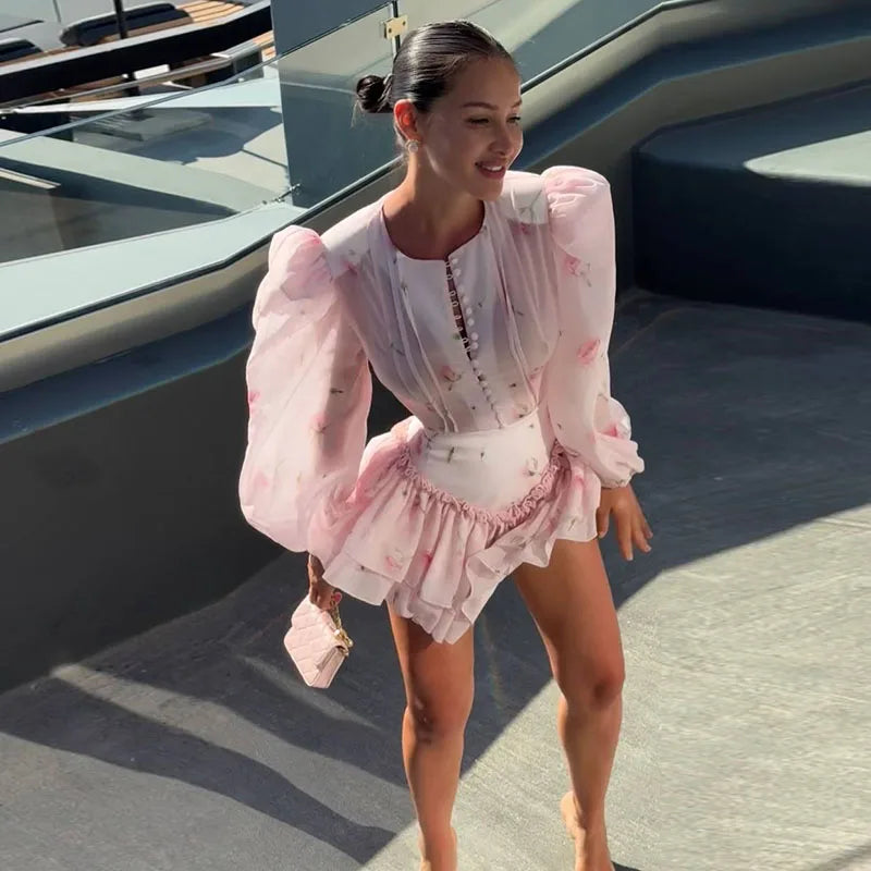 Elegant Floral Print Chiffon Dress Women's Backless Long Sleeve Ruffle Waist Cutout Tiered Dresses 2026 New Lady Party Wear
