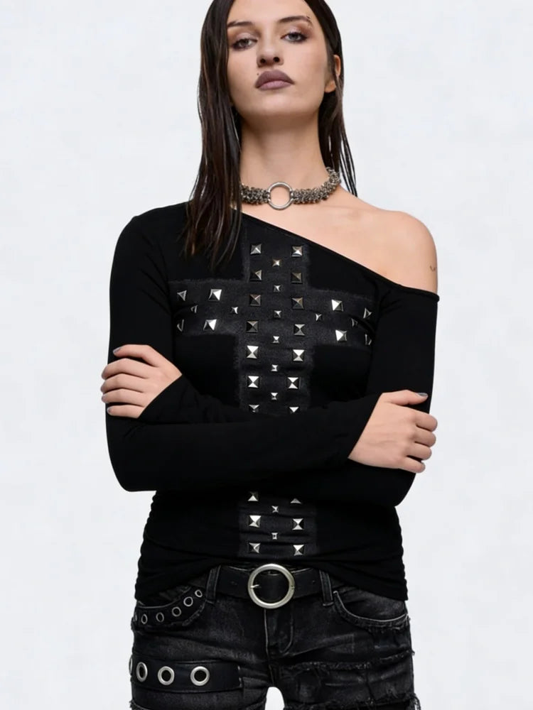 2026 New Women's Black White Gothic Off Shoulder Top Cross Detail Long Sleeve Punk Fashion T Shirt Streetwear