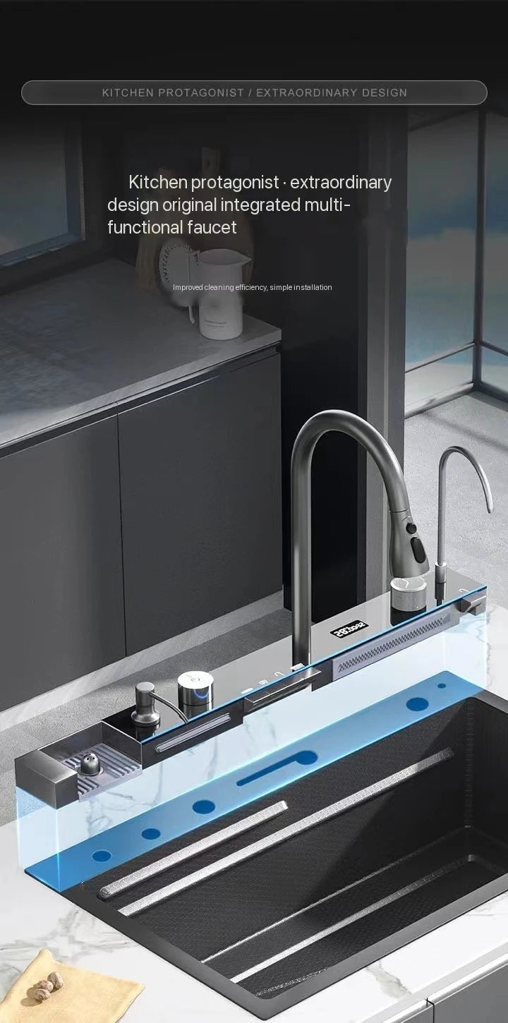 Stainless Steel Waterfall Kitchen Sink Digital Display Extra Large Single Bowl Multifunctional Household Vegetable Washing Sink