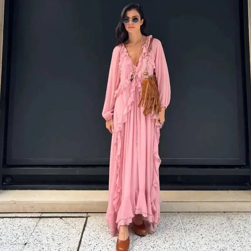 2026 Casual Solid Ruffles Patchwork Robe Women Minimalist Full Sleeve Mesh Loose Fit Lace Up Maxi Dress Vacation Daily Date Wear