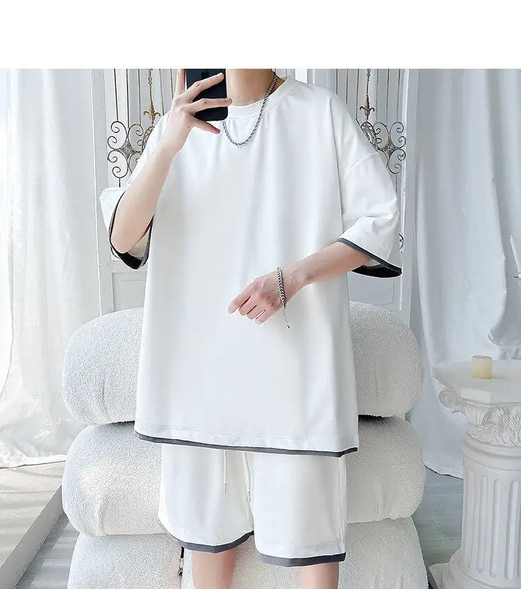 Men's Solid Color 2-Piece Outfit Short Sleeve T-Shirt & Drawstring Elastic Waist Shorts Set Casual Lounge & Streetwear Clothing