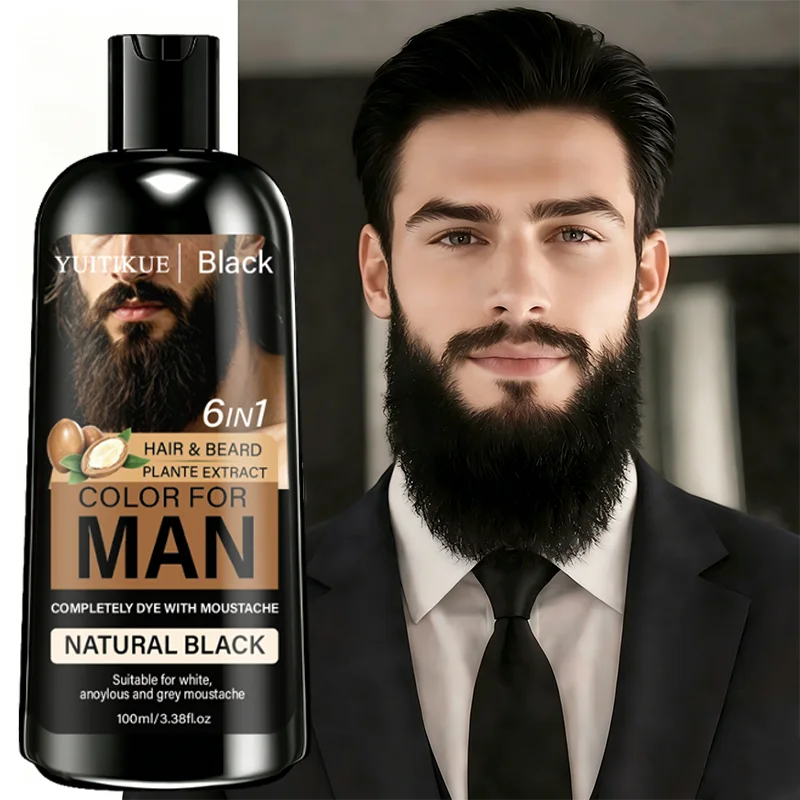 YUITIKUE Men Hair Color Beard Dye Long Lasting Natural Black Shade Plant Based Formula Easy to Apply 100ml