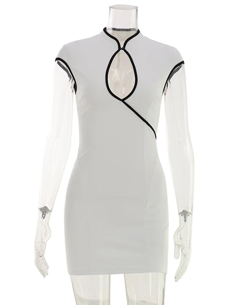 Huhugirl Mini Dresses Fashion Color Block Hollow Out Sleeveless Sheath Slim Bodycon Club Street Style Designed For Women Casual