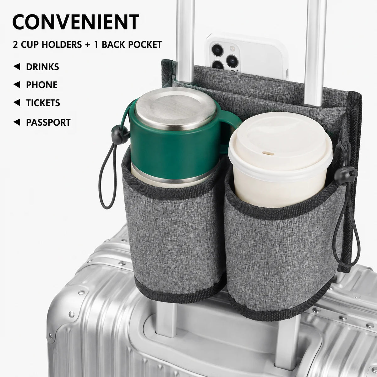 Travel Cup Holder for Suitcase Foldable Luggage Drink Holder Bag with 2 Cup Slots Back Pocket Organizer