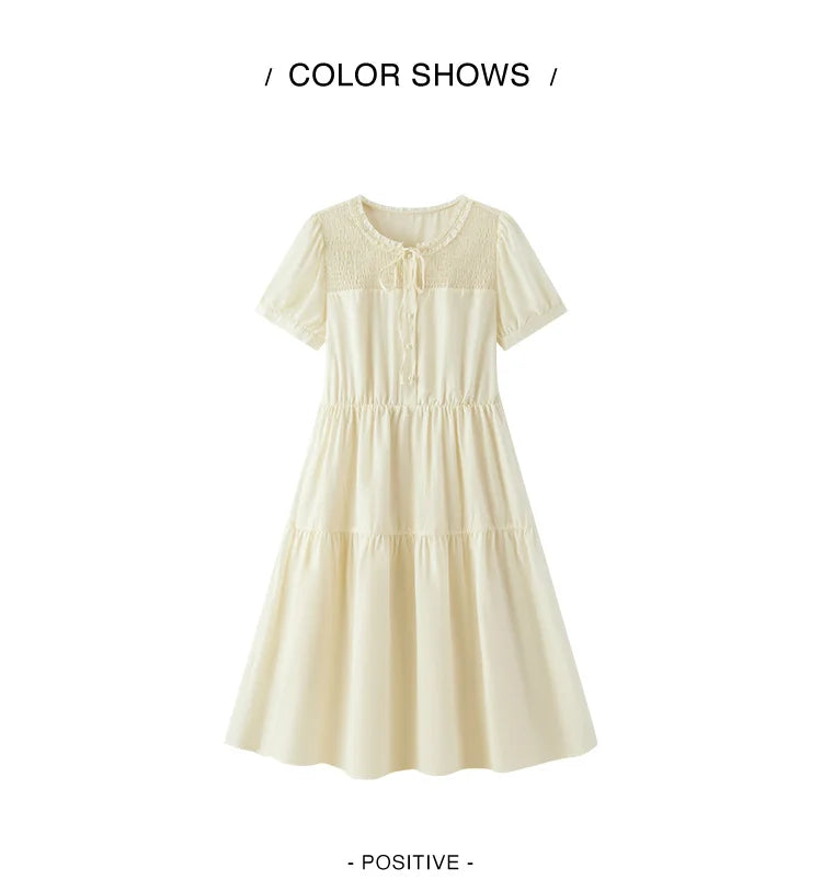 Semir Women Dress Puff Sleeve Lace Crew Neck Textured Midi French Elegant 2026 Summer Romantic Soft Comfy Daily Top