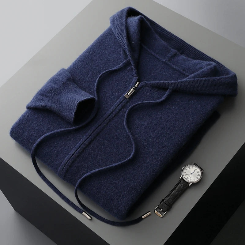 Hot Selling New Style Real Knitted Men's Cardigan Hooded Sweater Loose Full Sleeves Autumn and Winter Men's Pure Wool Sweater