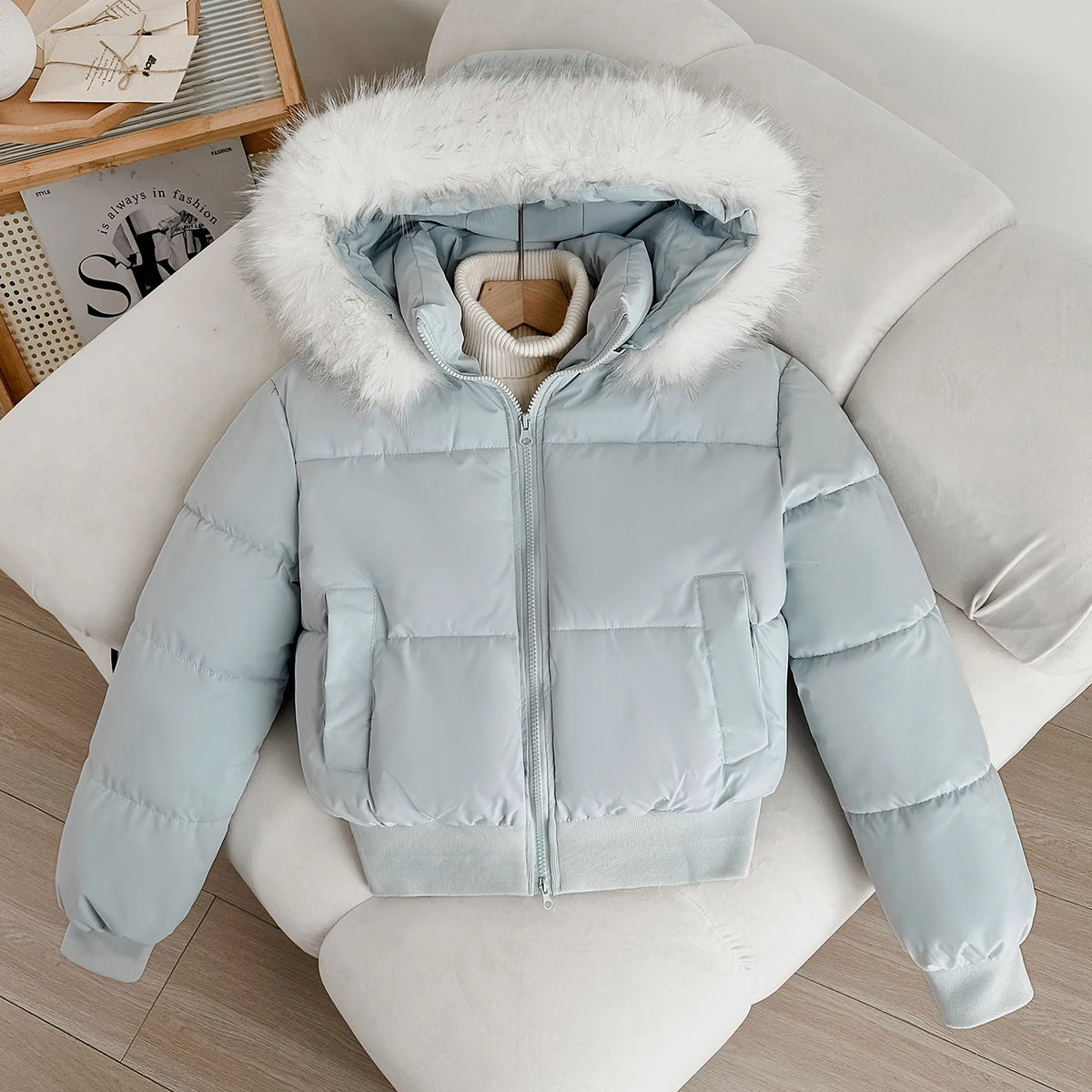 Women's Short Thickened Winter Cotton Jacket Quilted Coat Fur Collar American Retro Style Warm Casual Fashion Regular Fit