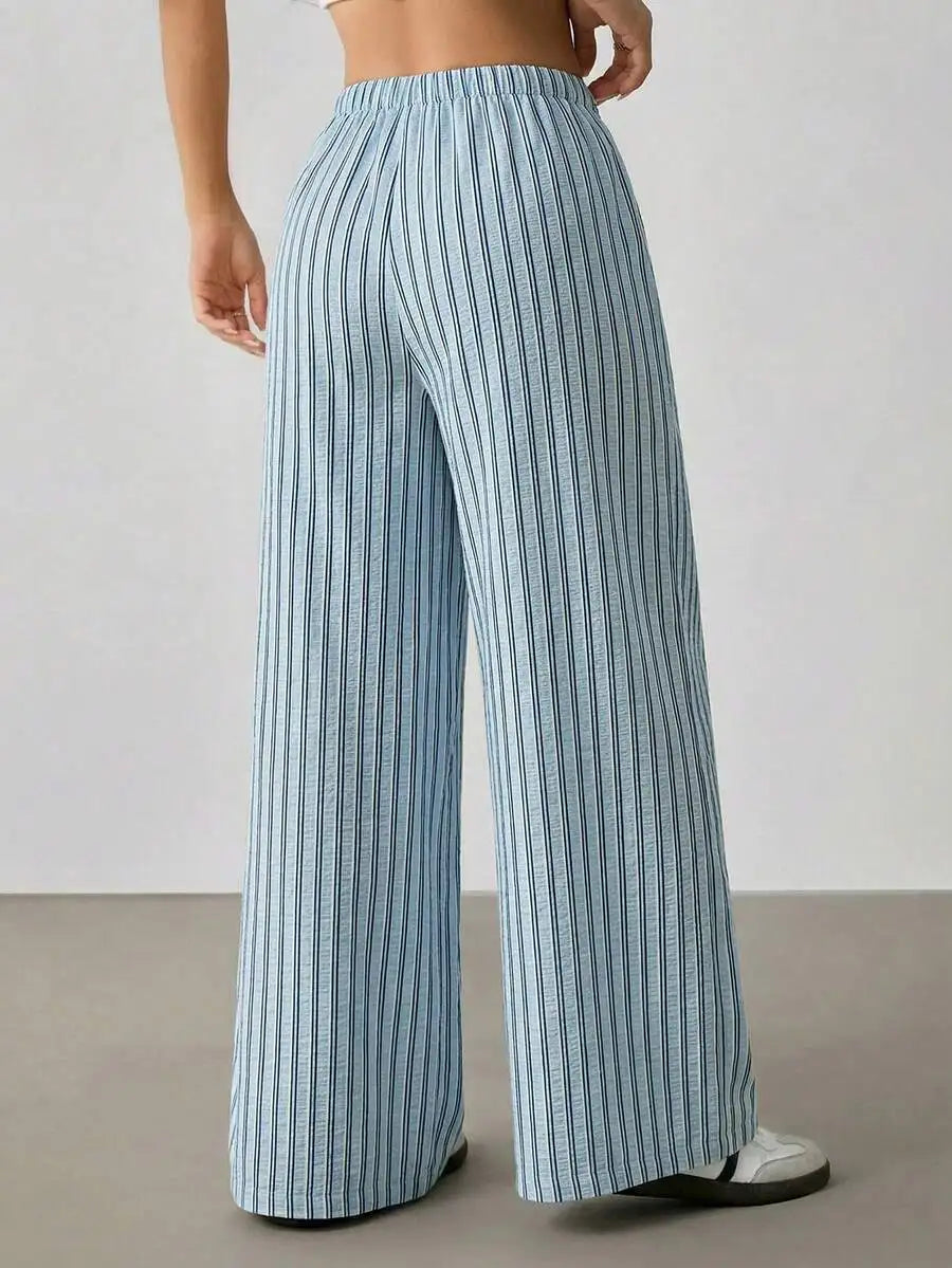 Women's Casual Striped Wide-Leg Pants   Summer Commute Fashion Drawstring Elastic Waist  Versatile Relaxed Straight Leg Trousers