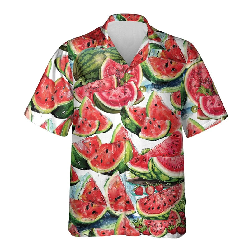 Tropical Fruit Watermelon Graphic Hawaii Shirt Summer Street Short Sleeves 3D Printed Fruits Button Shirts Men Lapel Blouse Tops
