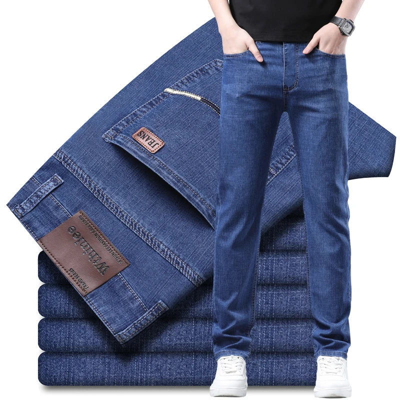 New Men Spring Autumn Straight Leg Business Jeans Trend Male Baggy Stretch Daily Casual Comfortable Black Gray Denim Trousers