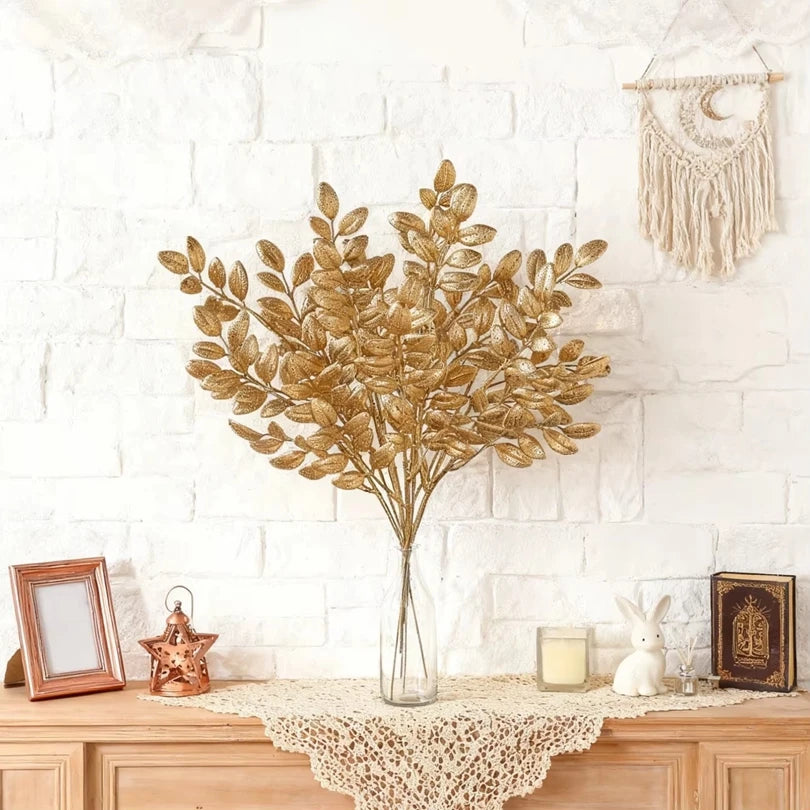 10Pcs Artificial Plants Golden Leaves Festival Home Room Table Decora Outdoor Wedding Garden Yard Garland Wreath DIY Gifts Prop