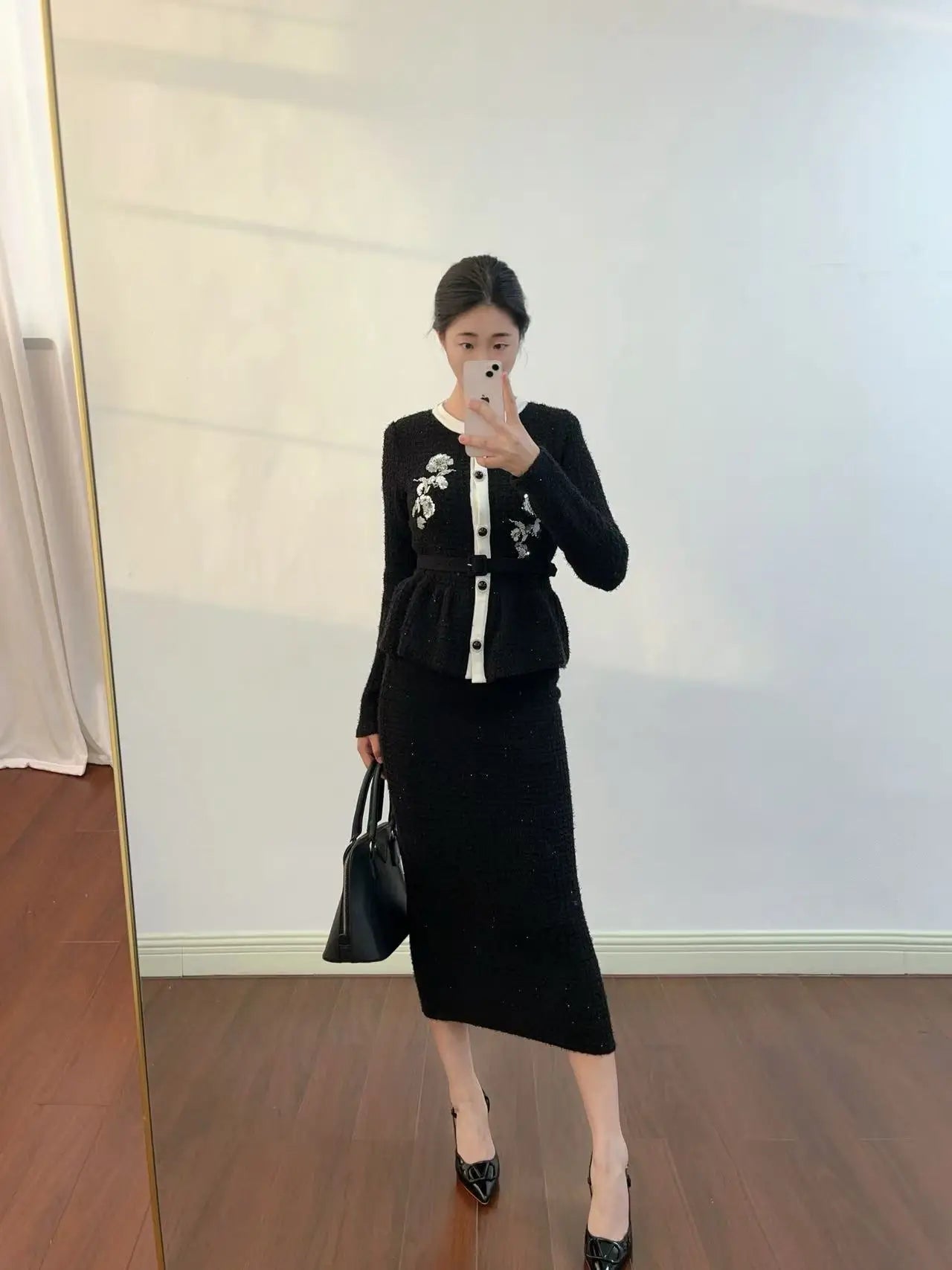 CHUJIE 2025 Autumn/winter New Fake Two-piece Design, Long-sleeved Round-neck, Floral Embroidery, Ruffle Decoration Knitted Dress