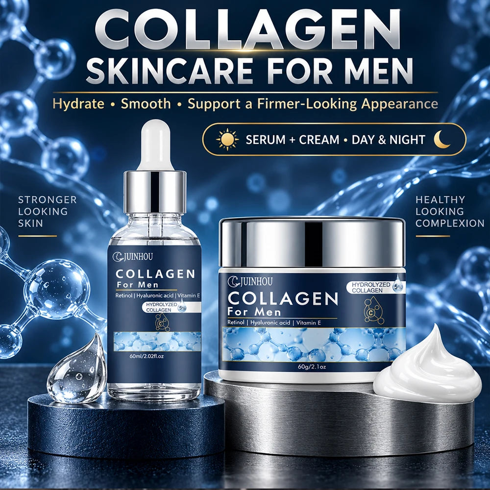 JUINHOU Men Facial Hydration Cream Serum Set Collagen Moisturizing Anti Aging Oil Control Firming Refreshing Non-Greasy Skincare