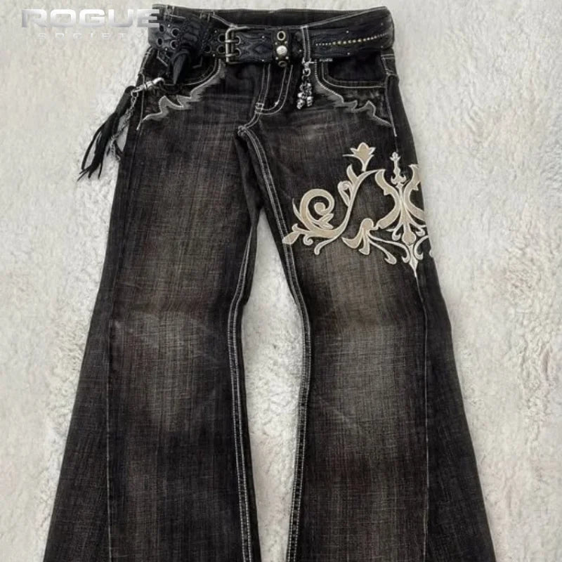 Summer Streetwear Embroidered Flare Jeans Men Y2K Retro Gothic Punk Casual Harajuku Distressed Vintage Black Denim Pants Unisex